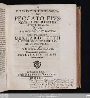 Disputatio Theologica De Peccato Eiusque Differentiis Atque Caussis