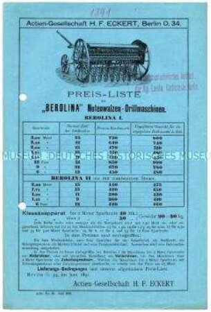 Preisliste der "BEROLINA" Nutenwalzdrillmaschine