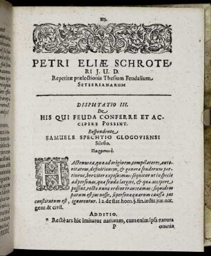 Disputatio III. De His Qui Feuda Conferre Et Accipere Possint.