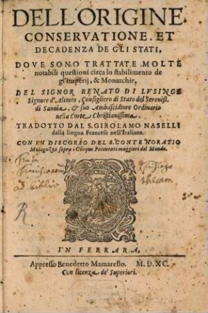 Dell'origine, conservatione et decadenza de gli stati