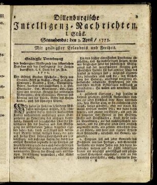 I. Stück. Sonnabends: den 3. April / 1773.