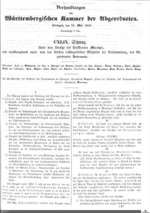 149. Sitzung, Stuttgart, 29.5.1849