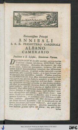 Eminentissimo Principi S. R. E. Presbytero Cardinali Albano Camerario Paulinus a S. Iosepho, Scholarum Piarum.