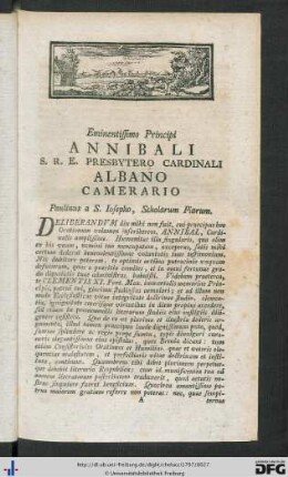 Eminentissimo Principi S. R. E. Presbytero Cardinali Albano Camerario Paulinus a S. Iosepho, Scholarum Piarum.