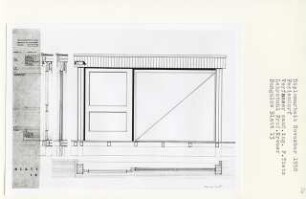 Feriendorf (Diplomarbeit bei Willy Kreuer): Bungalow, Ansicht Westfassade und Fassadenschnitte des Sechspersonen-Bungalows 1:10