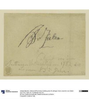 Unterschrift auf einer Quittung des 83-jährigen Hans Joachim von Zieten von 1782