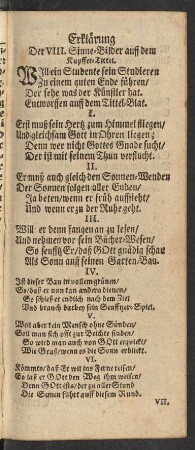 Erklärung der VIII. Sinne-Bilder auff dem Kupffer-Tittel.