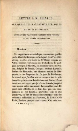 Lettre à M. Reinaud sur quelques manuscrits syriaques du Musée britannique, contenant des traductions d'auteurs grecs profanes et des traités philosophiques : (Extr. no 3 de l'année 1852 du j. as.)