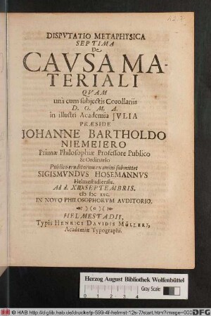 Disputatio Metaphysica Septima De Causa Materiali