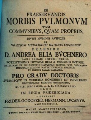 De Praeservandis Morbis Pvlmonvm Tam Commvnibvs, Qvam Propriis
