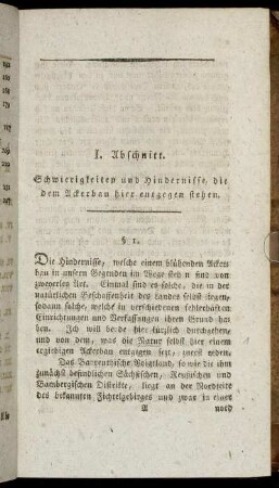 I. Abschnitt. Schwierigkeiten und Hindernisse, die dem Ackerbau hier entgegen stehen.