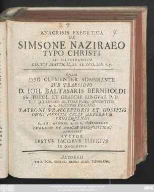 Anacrisis Exegetica De Simsone Naziraeo Typo Christi Ad Illustrandvm Locvm Matth. II. 23. ex Ivd. XIII. 5. 7.