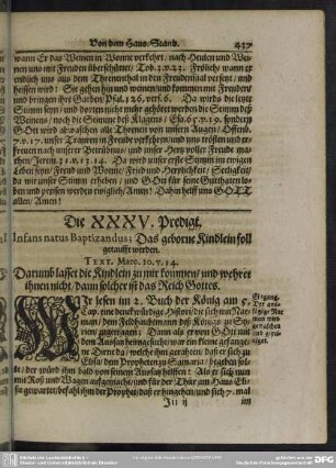 Die XXXV. Predigt. Infans natus Baptizandus; Das geborne Kindlein soll getaufft werden