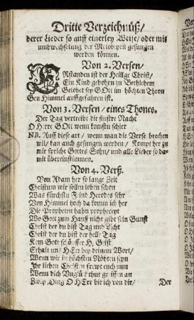 Dritte Verzeichnüß/ derer Lieder so auff einerley Weise/ oder mit umbwechselung der Melodyen gesungen werden können.