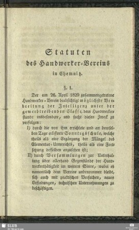 Statuten des Handwerker-Vereins in Chemnitz