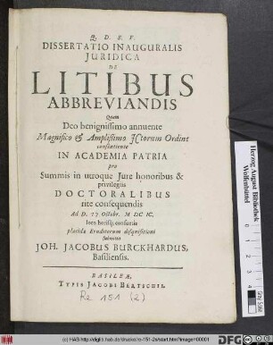 Dissertatio Inauguralis Iuridica De Litibus Abbreviandis