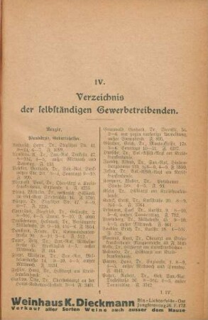 IV. Verzeichnis der selbständigen Gewerbetreibenden