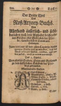 Der Dritte Theil Des Roß-Artzney-Buchs. Von Allerhand äusserlich- und sichtbarlichen nach dem Alphabet beschriebenen Schäden der Pferde, samt derselben Curen und Heilungen.