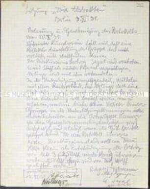 Handschriftliches Protokoll einer Mitgliederversammlung der Künstlervereinigung "Die Zeitgemäßen" (Die Abstrakten) - Sachkonvolut