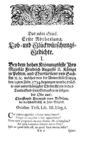 Erste Abtheilung. Lob- und Glückwünschungs-Gedichte.