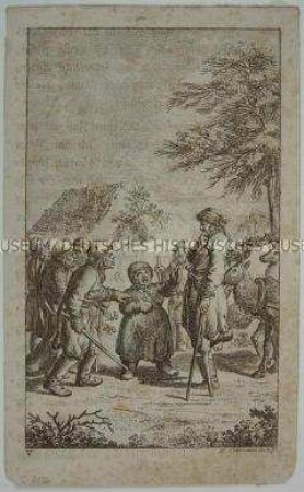 Radierung von Daniel Nikolaus Chodowiecki zu dem satirischen Roman "Candide" von Voltaire.