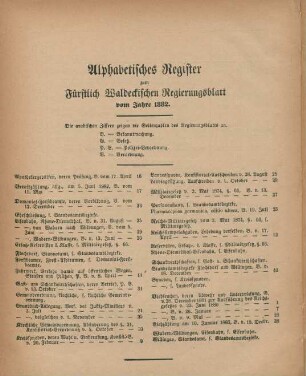 Alphabetisches Register zum Fürstlich Waldeckischen Regierungsblatt vom Jahre 1882