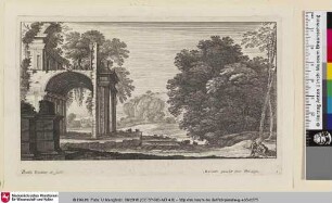 [Landschaft mit Ruine an der zwei Hirten mit ihren Tieren rasten]