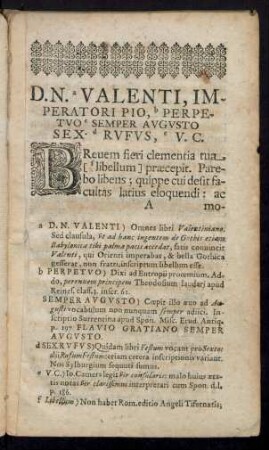 D. N. Valenti, Imperatori Pio, Perpetuo Semper Augusto Sex. Rufus, V. C.