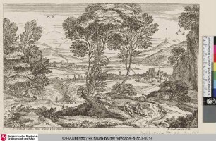 [Landschaft mit rastendem Paar an einer baumbestandenen Wegbiegung; Landscape with a Cluster of Trees; Le bouquet d'arbres au milieu du sujet]