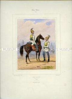Uniformdarstellung, Kürassier zu Pferd und Kürassier der Garde du Corps, Preußen, 1832/1848. Tafel Nr. 270 aus: Galerie militaire. Collection des Costumes Militaires de toutes les Nations. Paris 1840 - 1855.