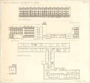 Fischer, Theodor; Bad Kissingen; Kurhaus-Hotel - Grundriss 3. OG, Teilgrundriss; Gartenseite (Ansicht); Speisesaal (Schnitt)