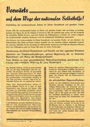 Flugblatt mit dem Wortlaut einer Entschließung des Landesausschusses Sachsen für Einheit Deutschlands und gerechten Frieden