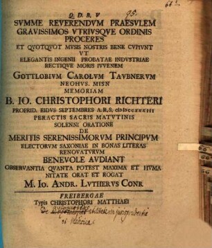 Summe reverendum praesulem ... et quotquot musis nostris bene cupiunt, ut ... Gottlobium Carolum Taubnerum ... memoriam Jo. Christophori Richteri ... solenni oratione ... audiant ... rogat Jo. Andr. Lutherus : [de autognōsias utilitate in iurisprudentia et medicina]