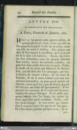 Lettre XIII. A Monsieur De Grignan. A Paris, Vendredi 16. Janvier, 1671