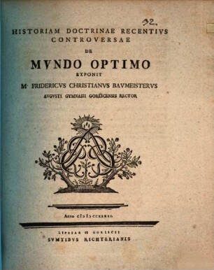 Historiam Doctrinae Recentivs Controversae De Mvndo Optimo