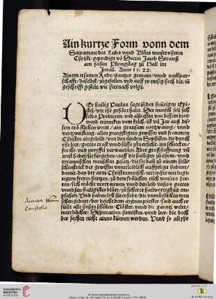 Ain kurze Form vonn dem Sacrament des Leibs unnd Bluts [...]