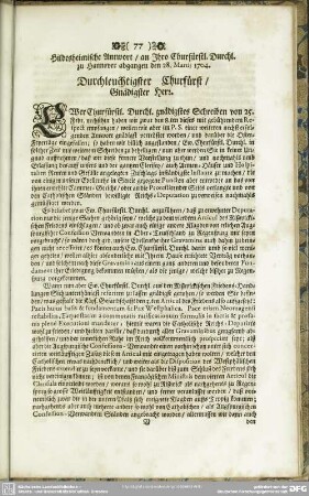 Hildesheimische Antwort, an Ihro Churfürstl. Durchl. zu Hannover abgangen den 28. Martij 1704