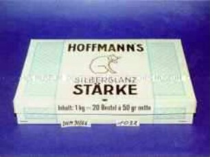 Packung "Hoffmanns Silber-Glanz-Stärke" in Originalschachteln mit je 20 Stück in Holzkiste