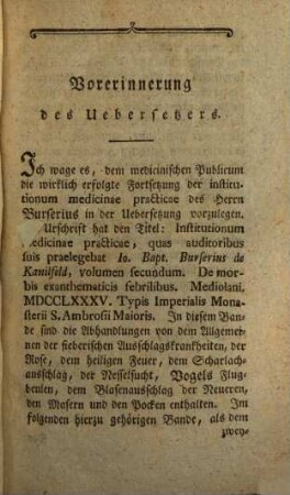 J.B. Burserius von Kanilfeld Anleitung zur Kenntnis und Heilung der fieberischen Ausschlagskrankheiten : Aus dem Lateinischen übersetzt, Erster Theil