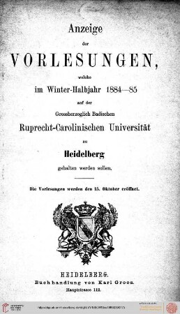 Wintersemester 1884/1885