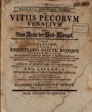 Diss. inaug. iur. de vitiis pecorum venalium, oder: Vom Recht der Vieh-Mängel