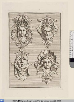 Vier Masken mit Muschelwerk