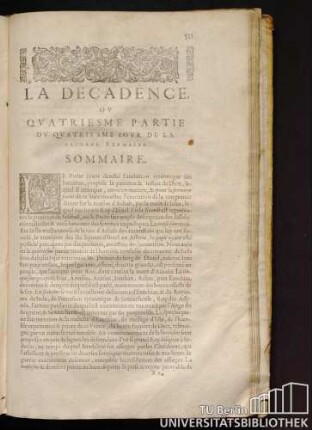 La Decadence, Ou Quatriesme Partie Du Quatriesme Iour De La Seconde Sepmaine. Sommaire.