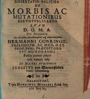 Dissertatio politica De morbis ac mutationibus rerum publicarum