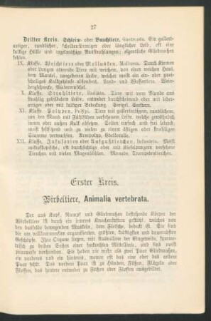 Erster Kreis. Wirbeltiere, Animalia vertebrata.