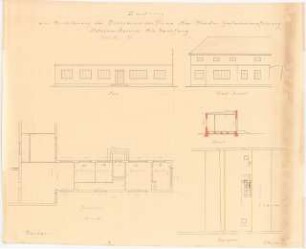 Gärtnerei Karl Foerster, Potsdam-Bornim Erweiterung der Büroräume: Bürogebäude: Grundriss 1:100, Lageplan, Schnitt, Südansicht, Westansicht