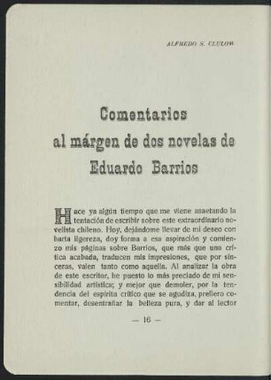 Comentarios al márgen de dos novelas de Eduardo Barrios