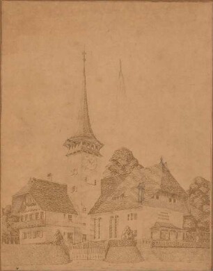 Dolmetsch, Heinrich; Holzbronn; Ev. Pfarrkirche mit Pfarrhaus - Westseite (Perspektive)