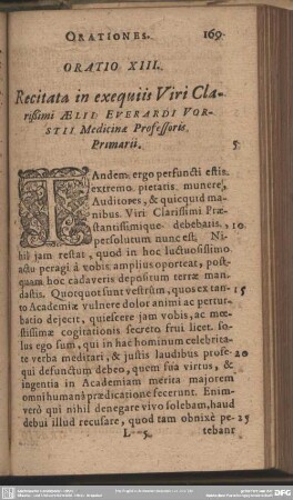 Oratio XIII. Recitata in exequiis Viri Clarißimi Aelii Everardi Vorstii Medicinae Professoris Primarii