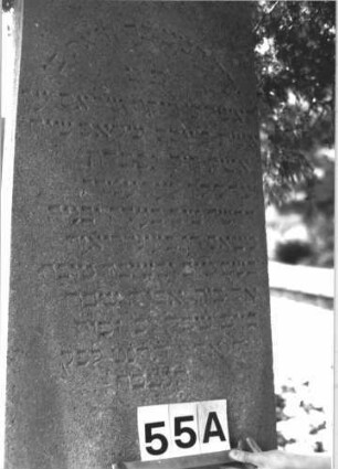 Grabstein 55 (Index: 100114358) Material: Kalkstein Zustand: verwittert mit Textverlust Maße HxBxT: 200x59x45 cm Beschreibung: Obelisk, getreppter Sockel: Grabstein 55A